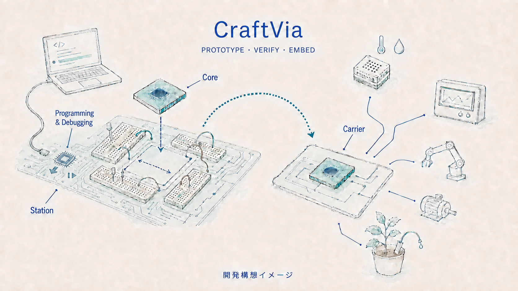 CraftViaのStationでCoreを開発し、Carrierへ移して装置に組み込む構想図