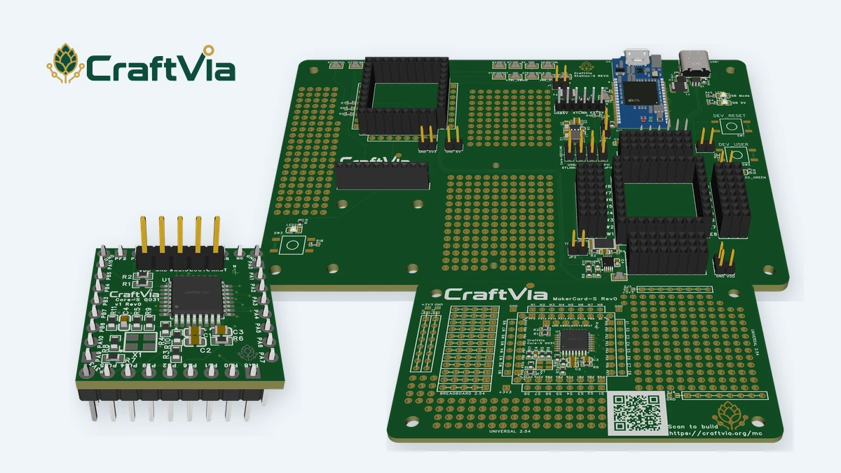 CraftViaのロゴとCore-S G031、Station-S、MakerCard-SのRev0基板レンダリング