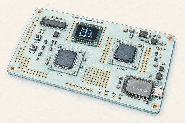 2つのマイコン基板とデバッガを備えるCraftVia Station-S Rev0の構想図